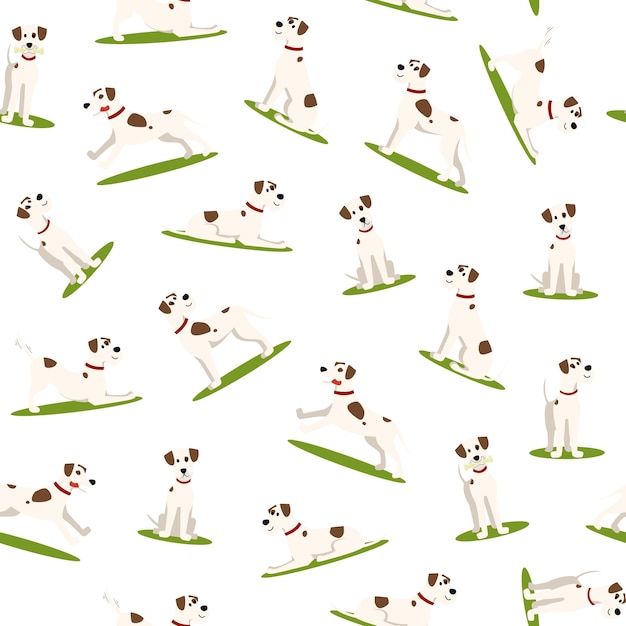 Cartoon Color Funny Puppy on Green Grass Seamless Pattern Background on a White Pet Concept Flat Design Style Vector illustration of Dog