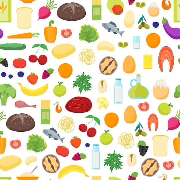 Cartoon Color Healthy Food Background Pattern on a White Nutrition Diet for Health Flat Design Style Vector illustration