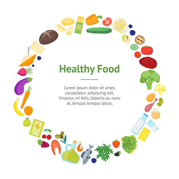 Cartoon Color Healthy Food Banner Card Circle Nutrition Diet for Health Flat Design Style Vector illustration