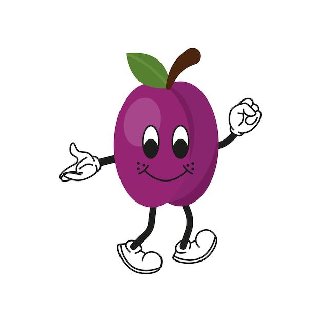 Cartoon Color Retro Character Plum Sticker Icon Concept Flat Design Style Vector illustration of Fruit Mascot