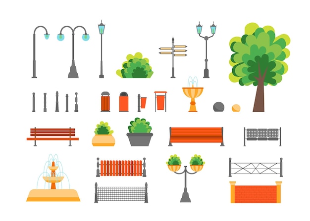 cartoon color urban park elements set for place public flat design style