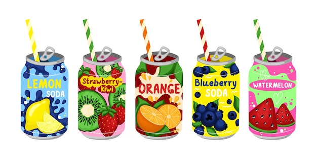 Cartoon color various tasty sodas set vector