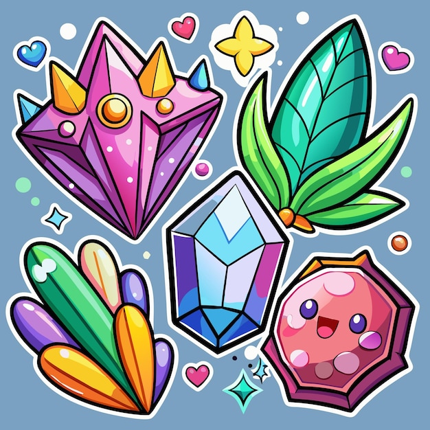 Vector cartoon colorful crystals and cute cartoon characters