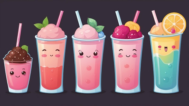 Vector a cartoon of a colorful drink with faces and fruits