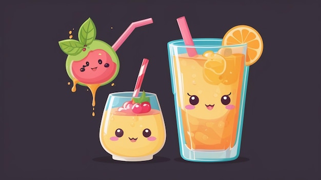 Vector a cartoon of a colorful drink with faces and fruits