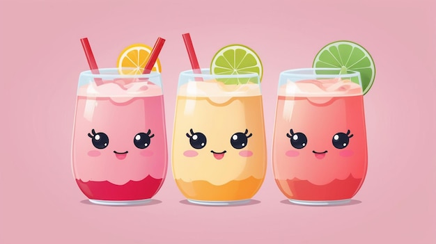 Vector a cartoon of a colorful drink with faces and fruits