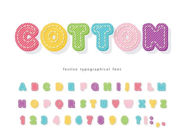 Cartoon colorful font for kids. Cotton texture alphabet.