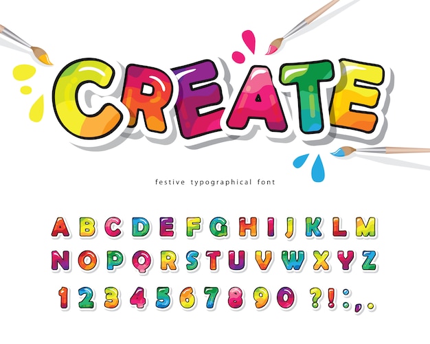 Cartoon colorful font for kids. Creative paint alphabet.