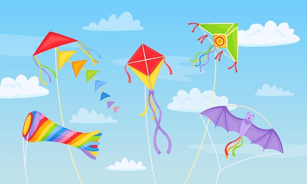 Cartoon colorful kites in sky with clouds kite festival background Blue skies with flying air toys summer kids activity vector illustration