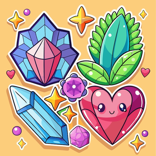 Vector cartoon colorful stickers with gems heart leaves and stars