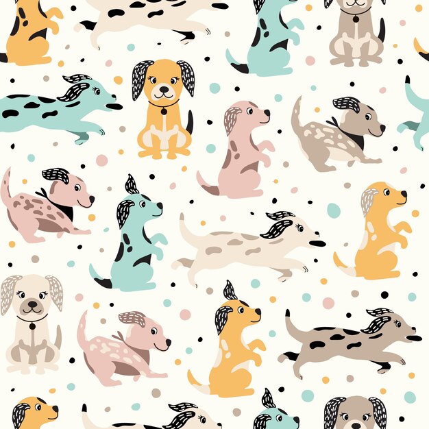 Cartoon colorfull funny cute seamless pattern with a dog on background dots