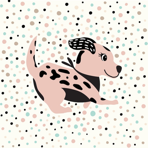 Cartoon colorfull funny cute with a dog on background dots