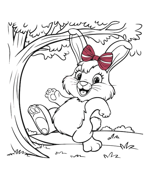 a cartoon coloring book rabbit with a bow on its head and a butterfly in the corner