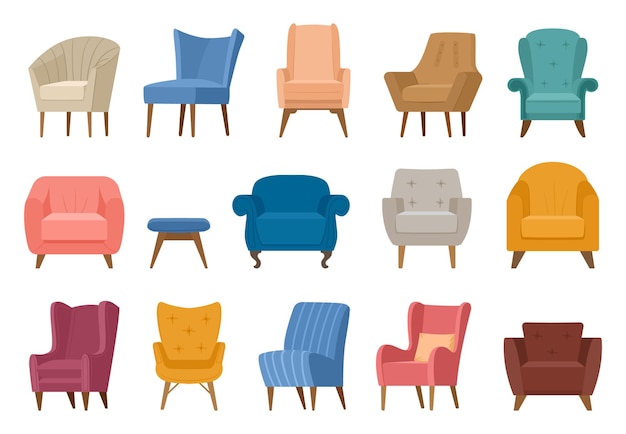 Vector cartoon comfy armchairs and chairs modern furniture collection vector symbols illustration set