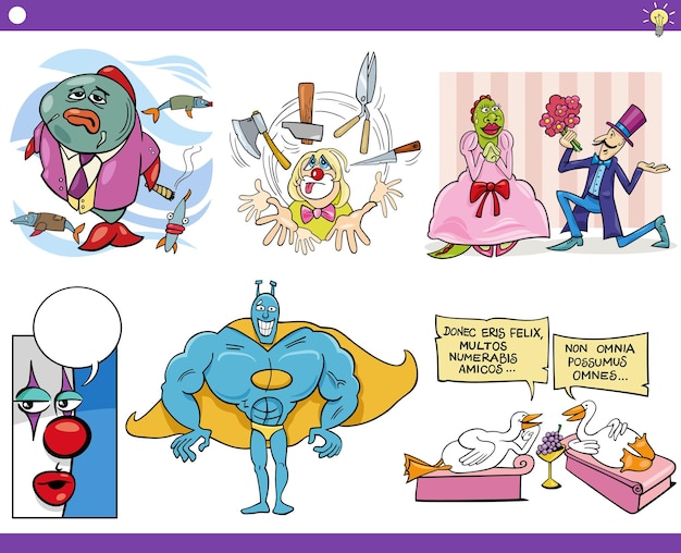 Cartoon concepts or metaphors with comic characters set