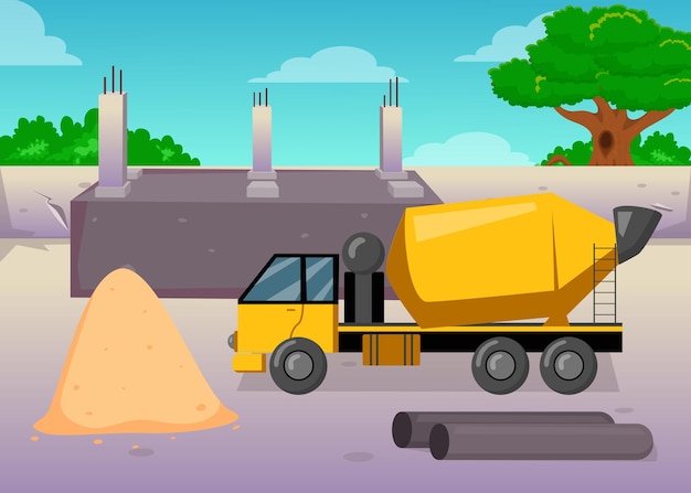 Cartoon concrete or cement mixing machine on construction site