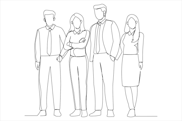 Cartoon of confident business team stands in office Continuous line art