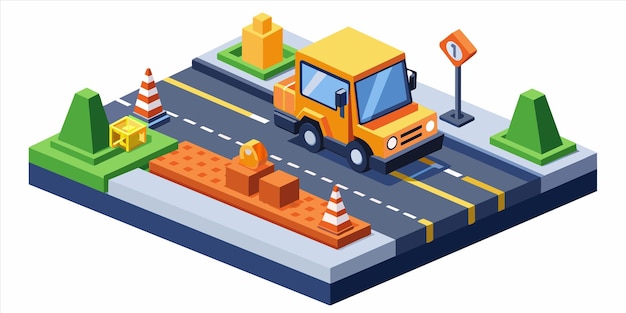 a cartoon of a construction site with a yellow truck on the road