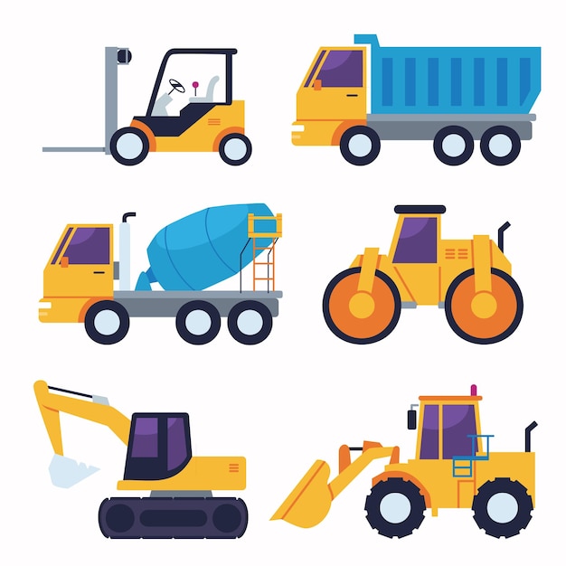 Cartoon Construction vehicles and heavy equipment isolated on white background Construction vehicles include forklifts trucks cement mixers road rollers backhoes loaders