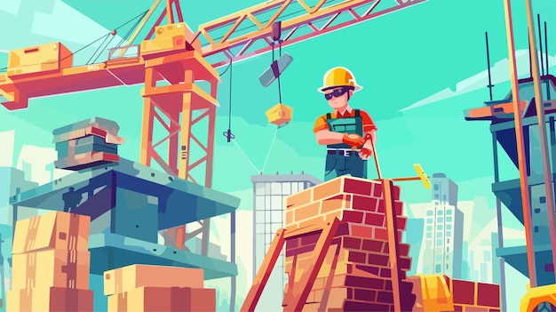 a cartoon of a construction worker on a brick wall