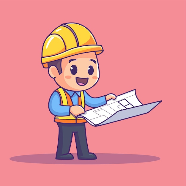 a cartoon of a construction worker holding a piece of paper with a letter in it