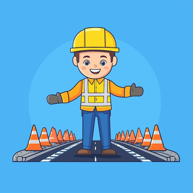 a cartoon of a construction worker on a runway with a yellow hard hat