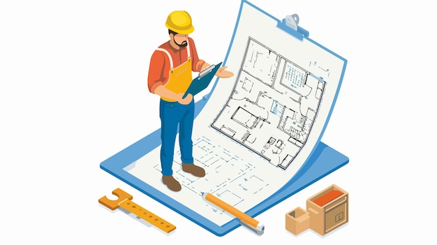 Vector a cartoon of a construction worker with a blueprint on it