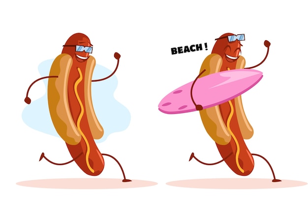 Cartoon Cool Surfing Hotdog on the beach Character