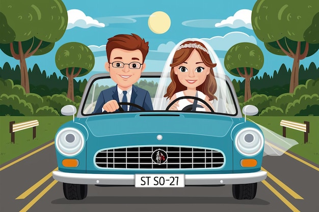 a cartoon of a couple in a car with the license plate number 489