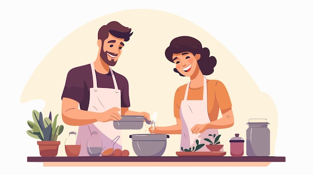 Vector a cartoon of a couple cooking together in a kitchen