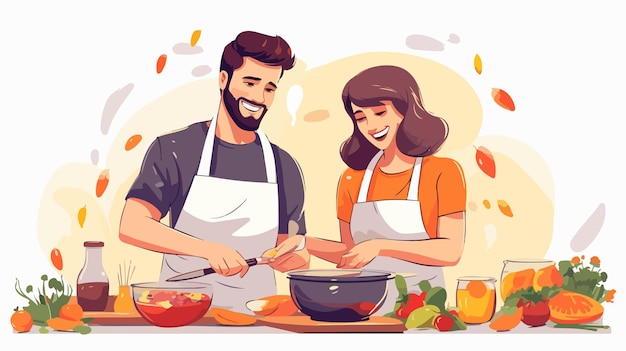 Vector a cartoon of a couple cooking together