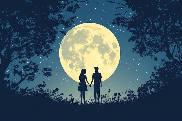 Vector cartoon couple holding hands moonlight