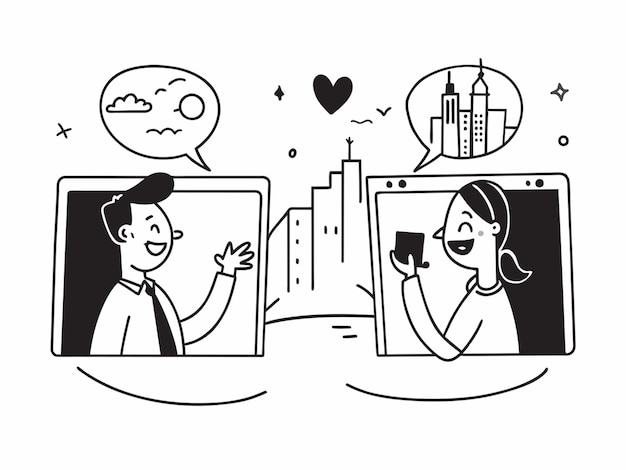 Vector a cartoon of a couple looking at a phone and a man holding a cup