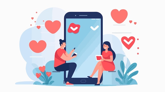 a cartoon of a couple looking at a phone with hearts on the screen