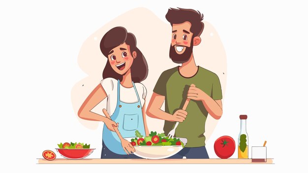 Vector cartoon couple making healthy salad together