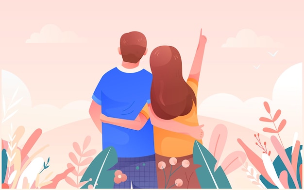 Cartoon couple outing travel mountain climbing scenery travel insurance vector illustration