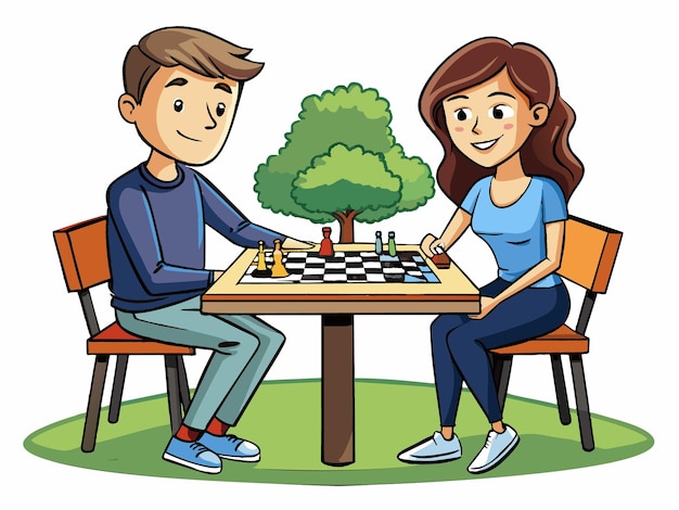 a cartoon of a couple playing chess together