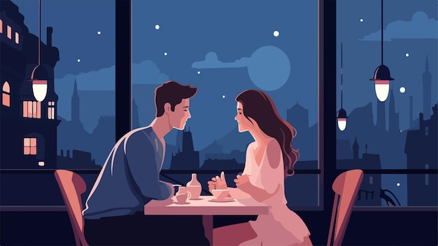 a cartoon of a couple sitting at a table in a restaurant