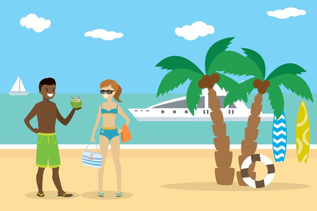 Vector cartoon couple teenagers on the beach african american boy and caucasian girl