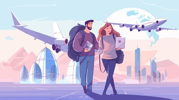 Vector a cartoon of a couple walking in front of a plane with a man and woman walking