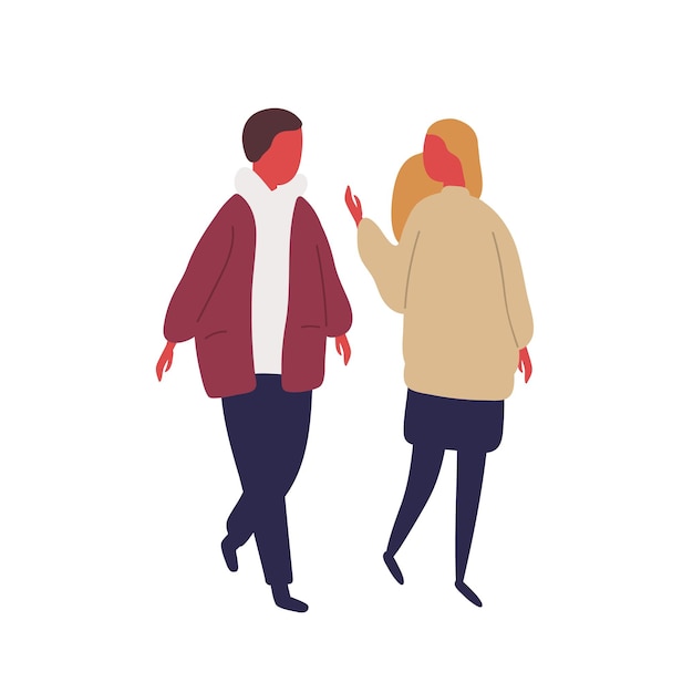 Vector cartoon couple walking and talking each other vector flat illustration. colorful man and woman communicating during date isolated on white background. casual people enjoying friendly conversation.