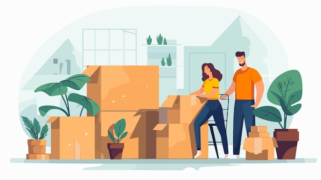 a cartoon of a couple working in a house with boxes and a plant