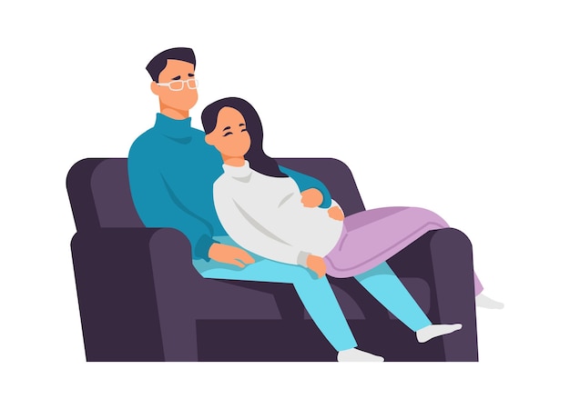 Cartoon couples Man and woman in love Romantic relationship Characters sitting on couch and hugging Newlyweds spending time together Cute home scene Vector family leisure pastime