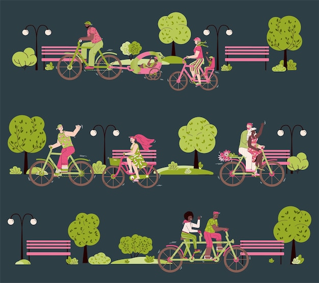 Cartoon couples riding bicycles together in night park