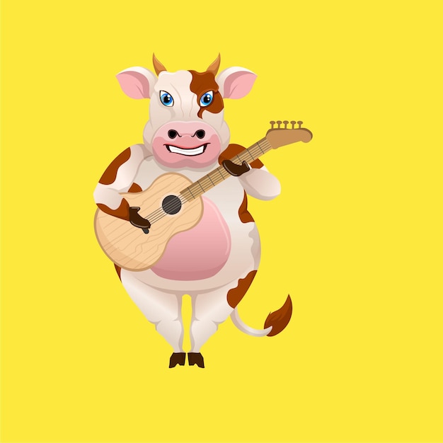 Cartoon cow playing acoustic guitar