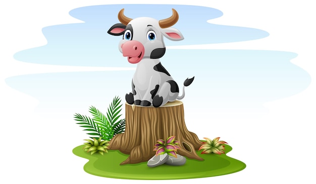 Cartoon cow sitting on tree stump