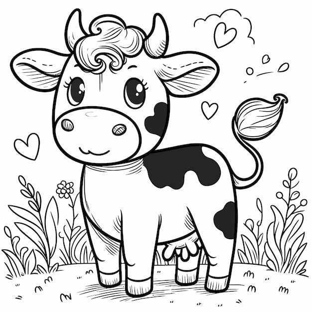 a cartoon cow with a heart on its chest and a black and white background