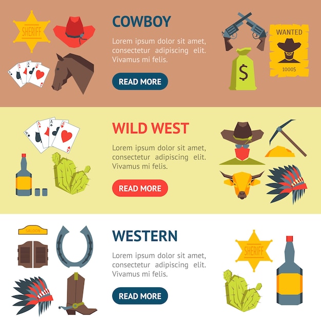 Cartoon Cowboy Banner Horizontal Set Vector