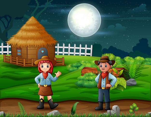 Cartoon a cowboy and cowgirl in the farm at night