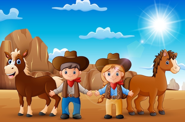 Cartoon cowboy and cowgirl with animals in the desert